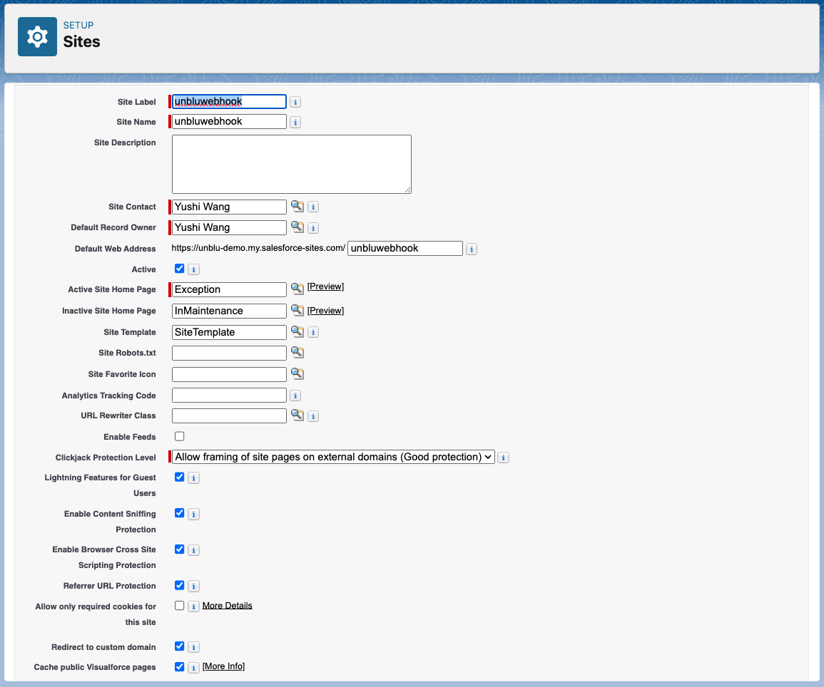 Salesforce site settings for the Unblu app