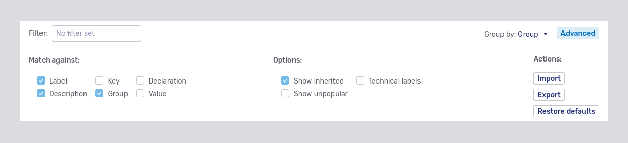 Advanced filter settings for the *Settings* tab