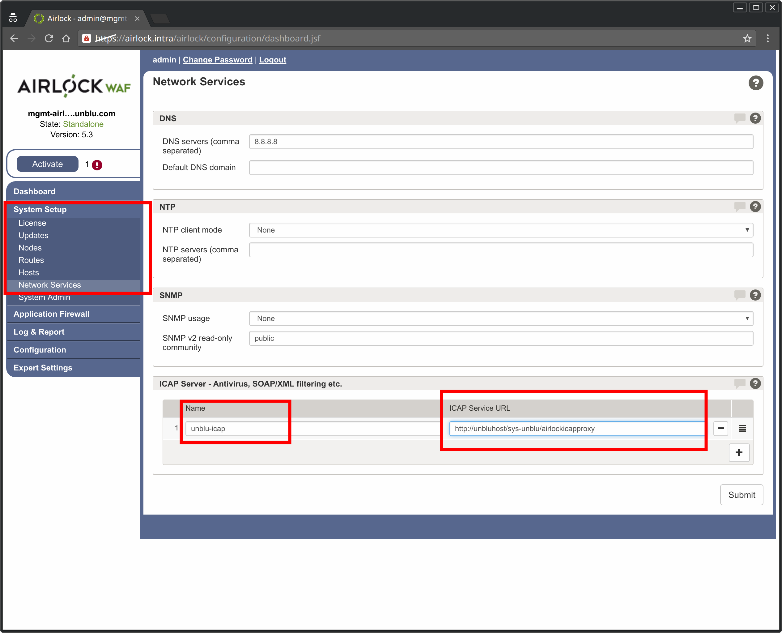 airlock icap connection settings