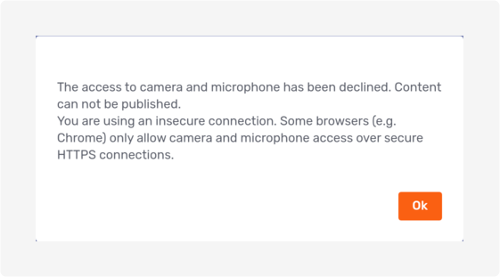 Modal dialog displayed when the browser is denied access to the camera and microphone