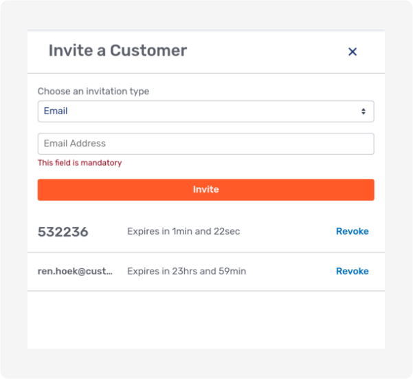 Invite customer modal page