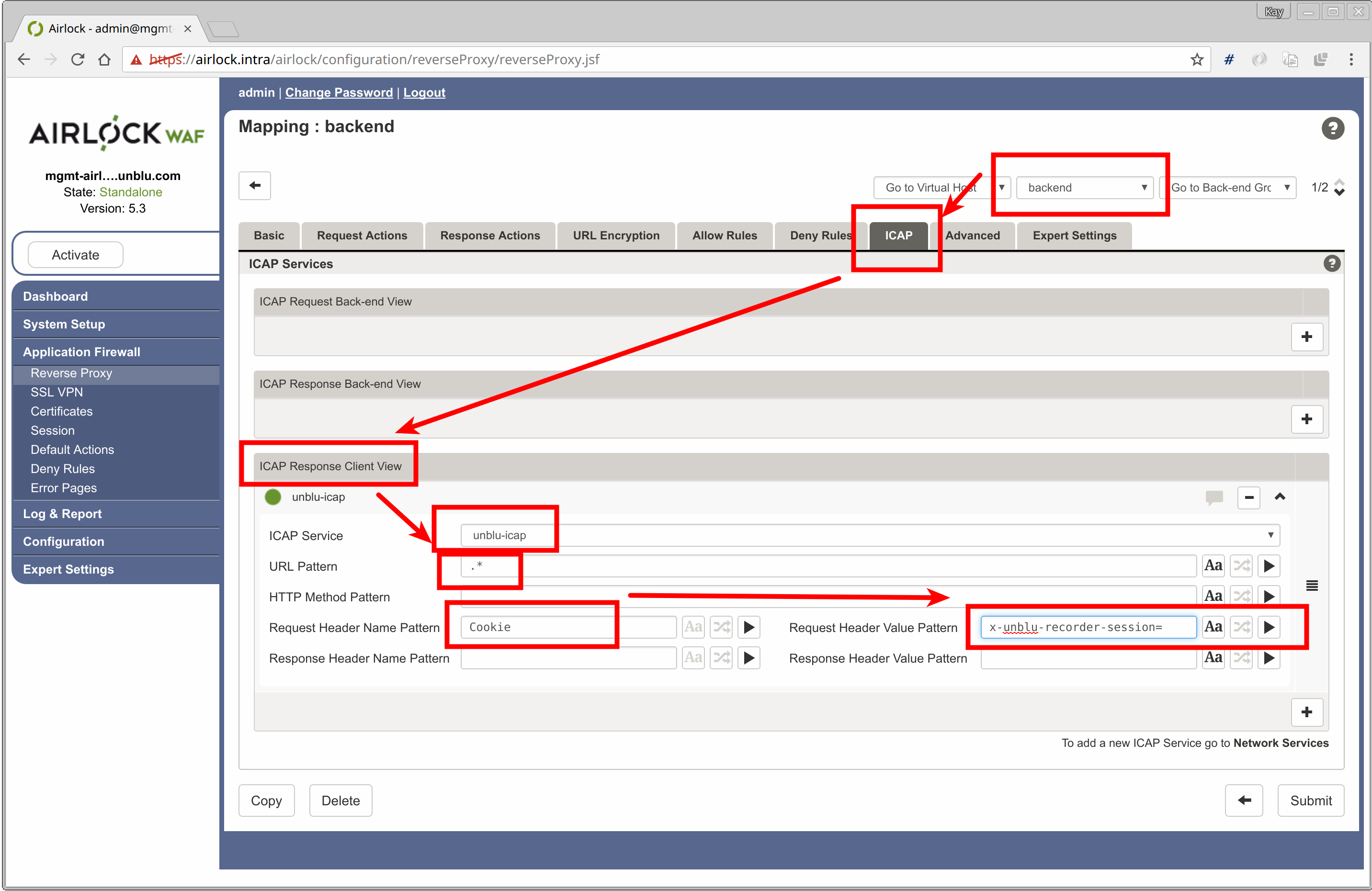 airlock backend icap settings 2
