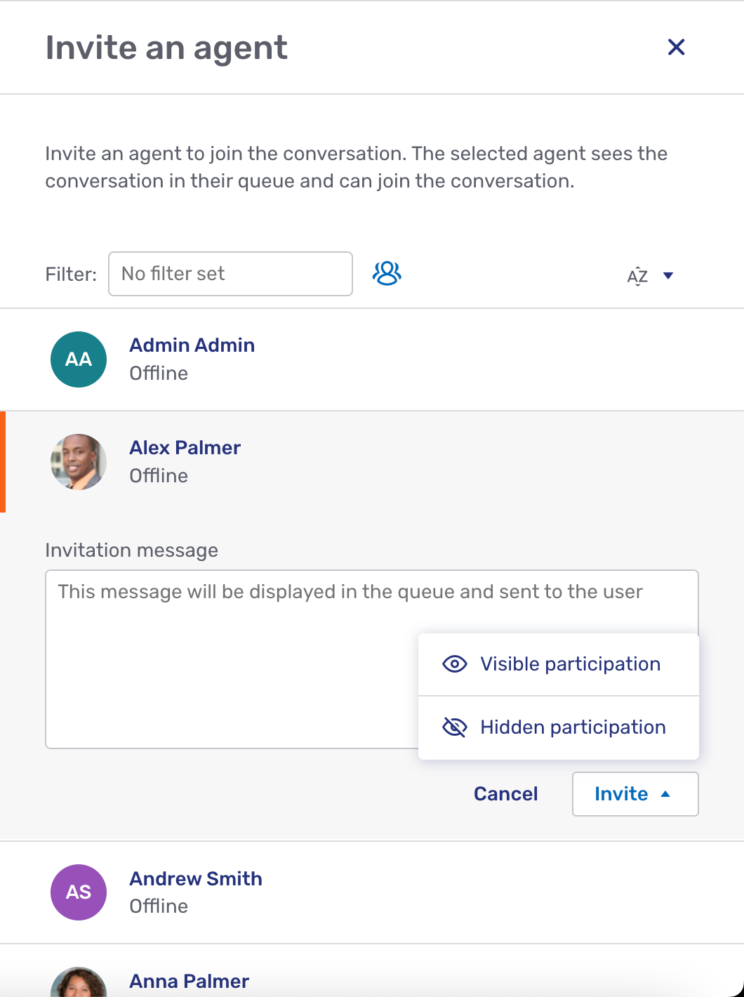 Invite an agent as a hidden participant modal page