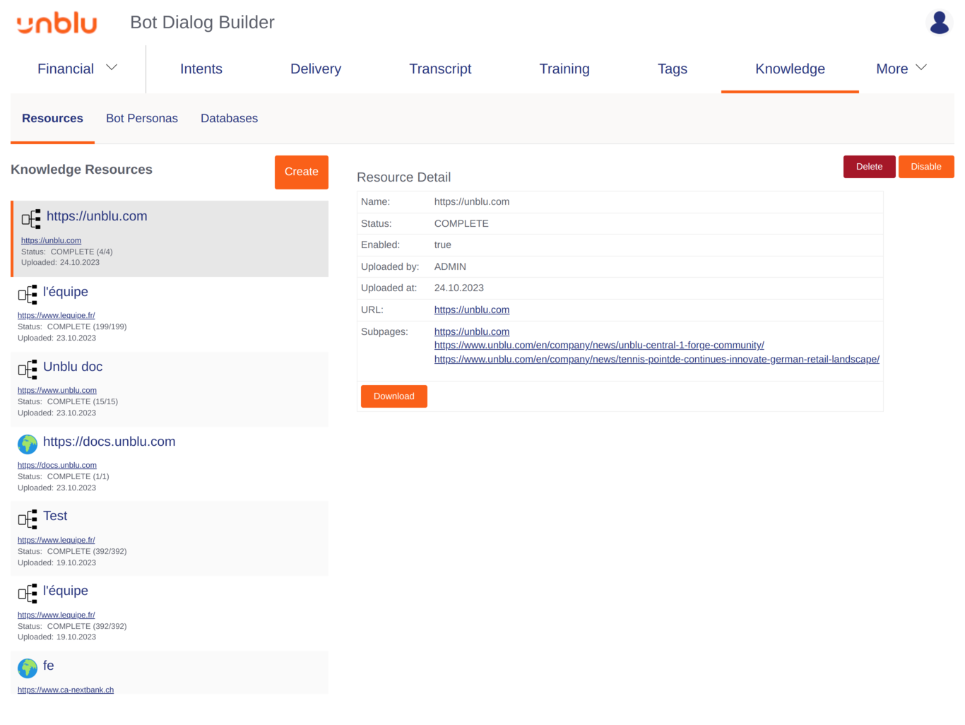Bot Dialog Builder *Knowledge* tab