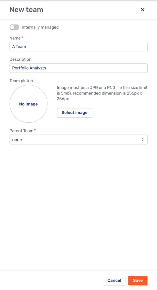 New team modal page