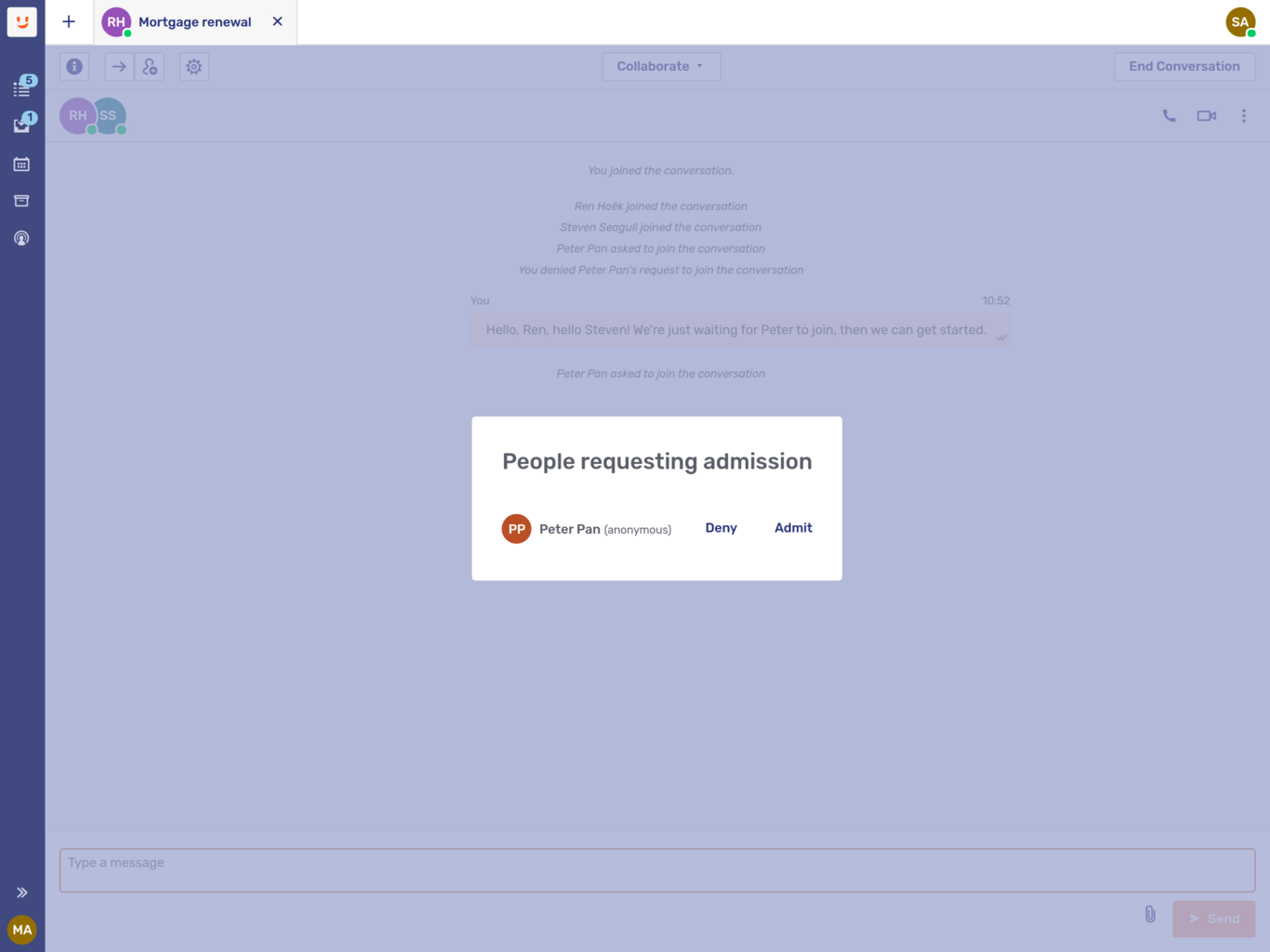 Dialog of visitor requesting admission to a scheduled conversation via a public link