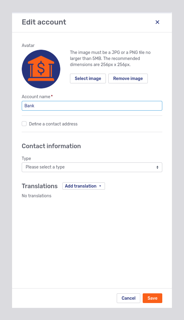 Edit account modal page