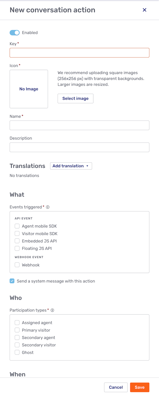 New conversation action modal page