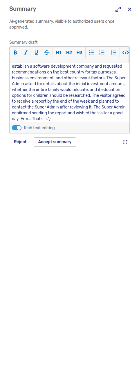 Summary draft in the summary panel