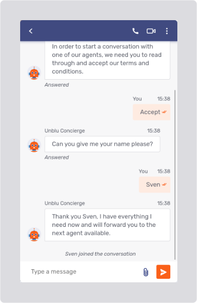 Onboarding process of live chat with an agent