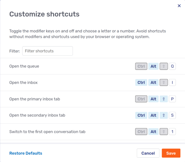 Modal dialog to customize the keyboard shortcuts