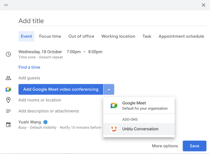 Using the Unblu Google Calendar add-on when creating a meeting