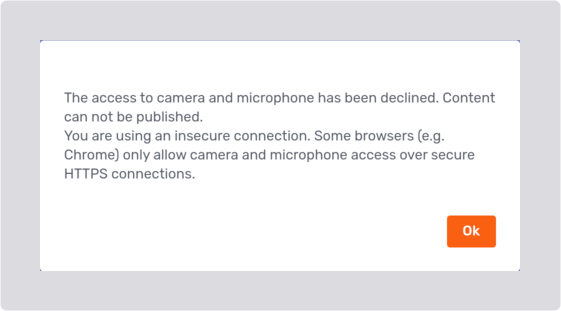 Modal dialog displayed when the browser is denied access to the camera and microphone