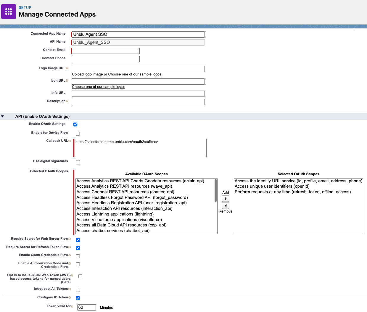 Salesforce connected app settings