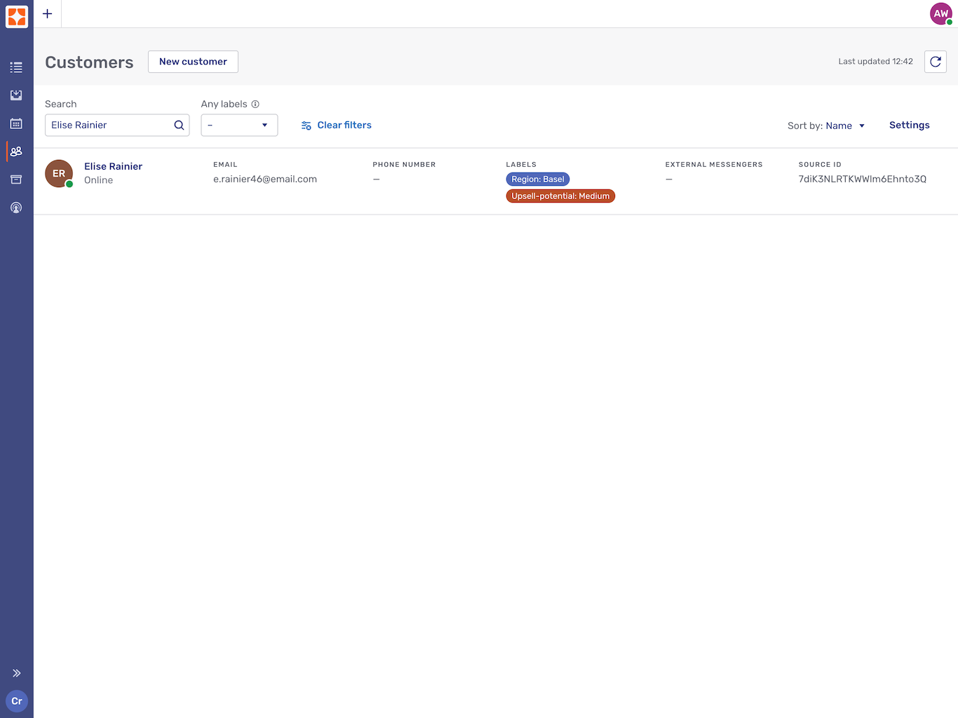 Default view of the customer list
