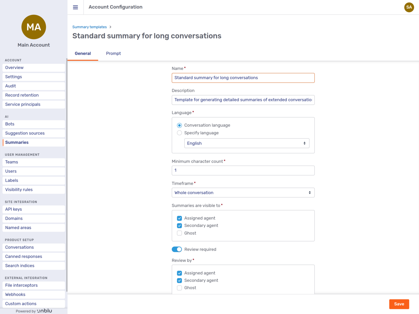 General tab of a summary template