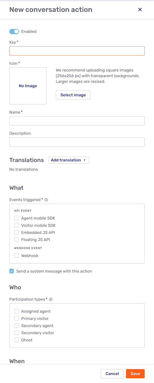 New conversation action fly-in page