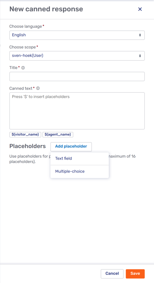 Fly-in page for new canned responses