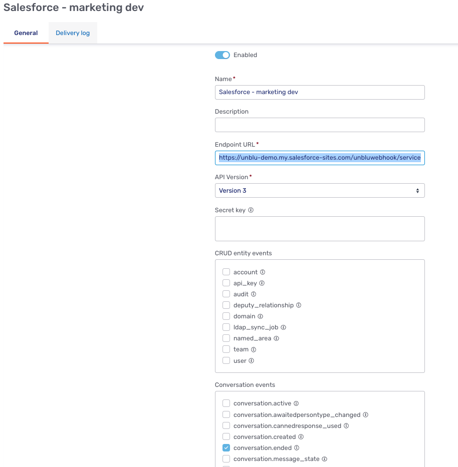 Unblu *New webhook* fly-in page for data synchronization with Salesforce