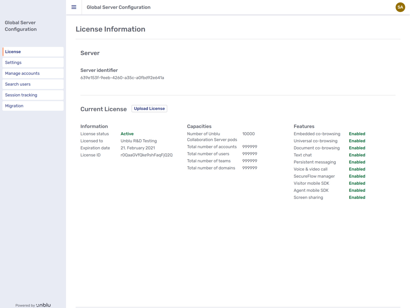 License details in the Global Server Configuration interface